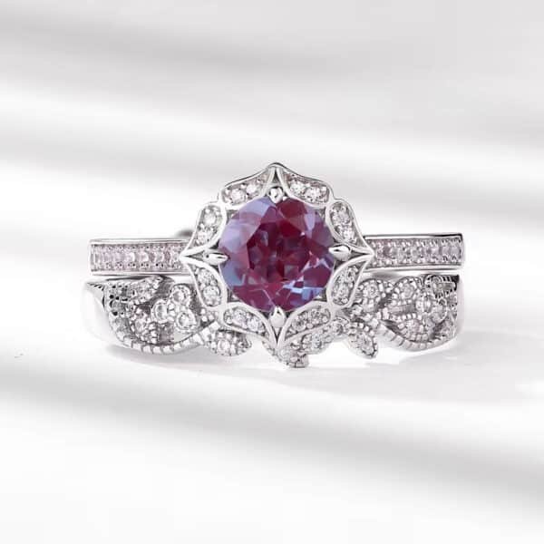 925 Sterling Silver Rhodium Plated With White Zirconia Round Lab Alexanderite Engagement Ring Set for Women - Image 4