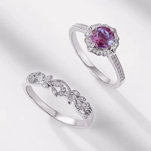 925 Sterling Silver Rhodium Plated With White Zirconia Round Lab Alexanderite Engagement Ring Set for Women - Image 5
