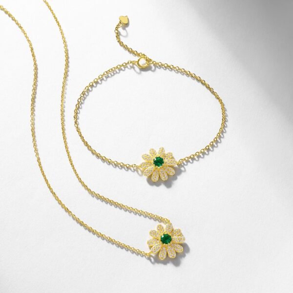 925 Sterling Silver Natural Stone Bracelet Cute Sunflower-Style Emerald Couples Bracelet for Parties and Gifts - Image 2