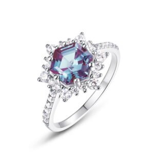 Hot selling hexagonal step-cut alexandrite ring S925 silver two-color color changing gemstone ring