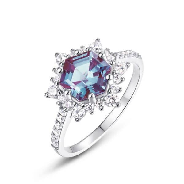Hot selling hexagonal step-cut alexandrite ring S925 silver two-color color changing gemstone ring