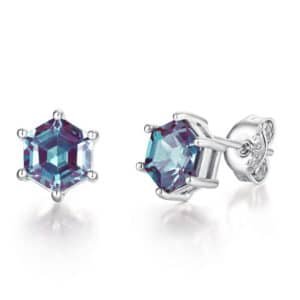 Hexagon Cut Alexandrite Earrings Vintage Color Change Stone June Birthstone Solitaire Earrings 925 Sterling Silver Stud Earrings