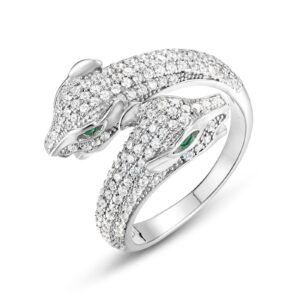 Green-eyed double deer open new ring S925 silver full inlaid with bright white radish index finger ring